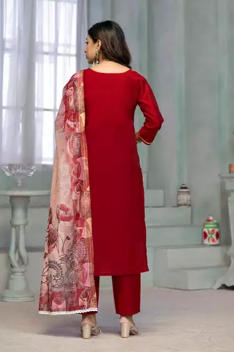 Women's red handwork kurti set with dupatta