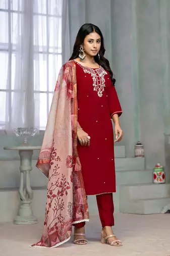 Women's red handwork kurti set with dupatta