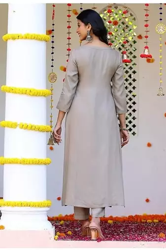 Grey plain blended cotton kurta pant with dupatta