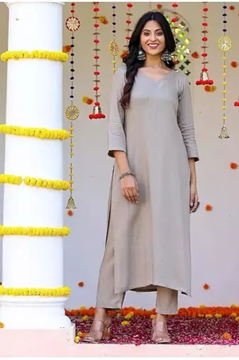 Grey plain blended cotton kurta pant with dupatta