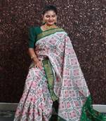 Patola Digital Print Saree,Golden Weaving Border And Contrast Digital Printed Ikkat Design Pallu
