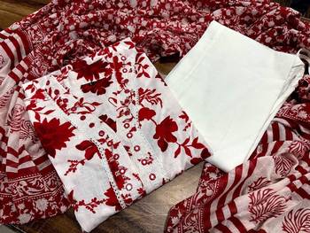 Red printed cotton kurta pant with dupatta 5