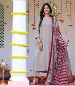 Grey plain blended cotton kurta pant with dupatta
