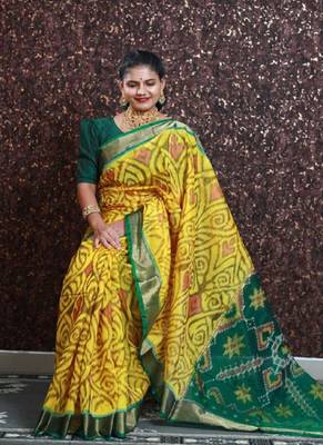 Patola Digital Print Saree,Golden Weaving Border And Contrast Digital Printed Ikkat Design Pallu 1