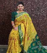 Patola Digital Print Saree,Golden Weaving Border And Contrast Digital Printed Ikkat Design Pallu