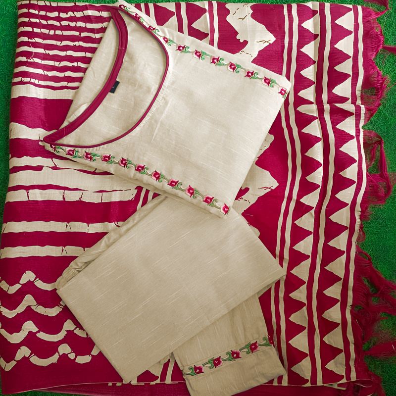 Off White plain cotton kurta pant with dupatta