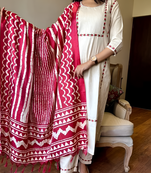 Off White plain cotton kurta pant with dupatta