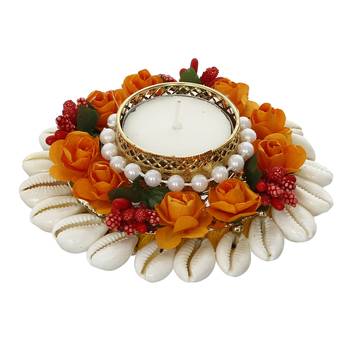 One shells and floral handcrafted round tea light holder 3