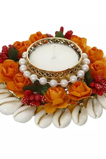 One shells and floral handcrafted round tea light holder