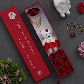 One red valentine gift box with teddy, red flower and 6 roses 1