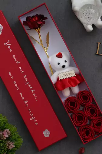 One red valentine gift box with teddy, red flower and 6 roses