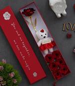 One red valentine gift box with teddy, red flower and 6 roses