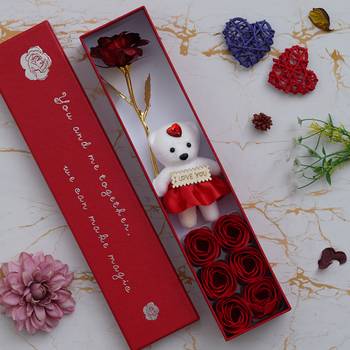 One red valentine gift box with teddy, red flower and 6 roses 2
