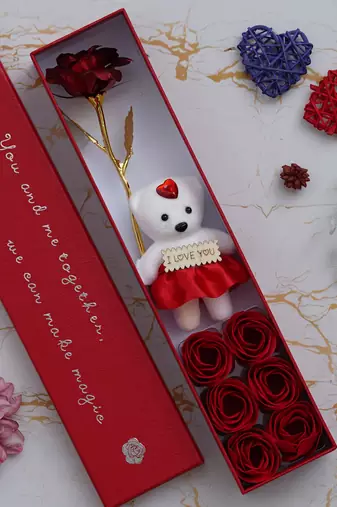 One red valentine gift box with teddy, red flower and 6 roses