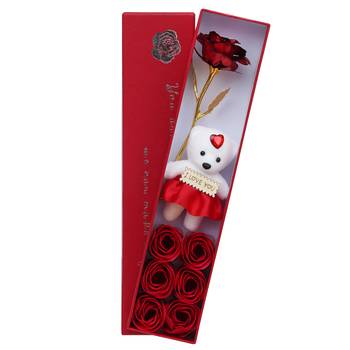 One red valentine gift box with teddy, red flower and 6 roses 3