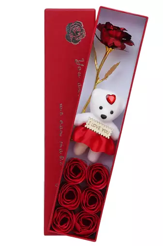 One red valentine gift box with teddy, red flower and 6 roses