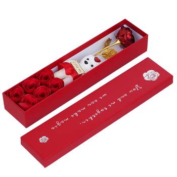One red valentine gift box with teddy, red flower and 6 roses 4