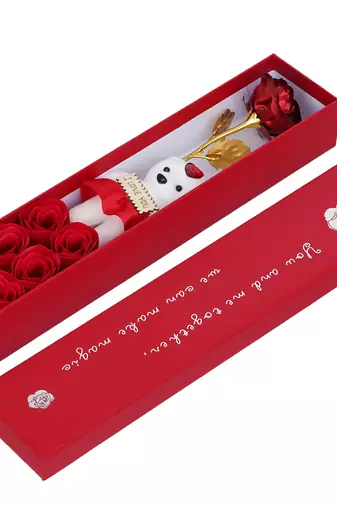 One red valentine gift box with teddy, red flower and 6 roses