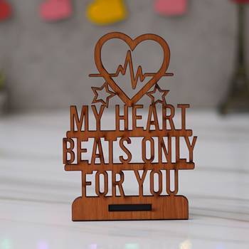 One "my heart beats only for you" valentine wooden showpiece with stand (brown) 1