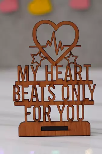 One "my heart beats only for you" valentine wooden showpiece with stand (brown)