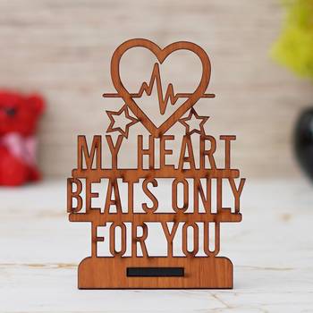 One "my heart beats only for you" valentine wooden showpiece with stand (brown) 2