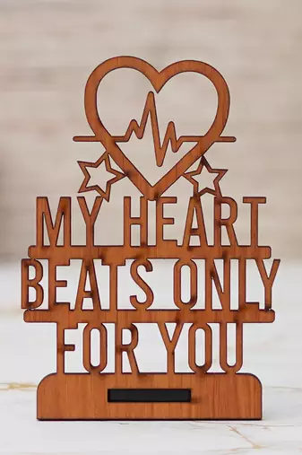 One "my heart beats only for you" valentine wooden showpiece with stand (brown)