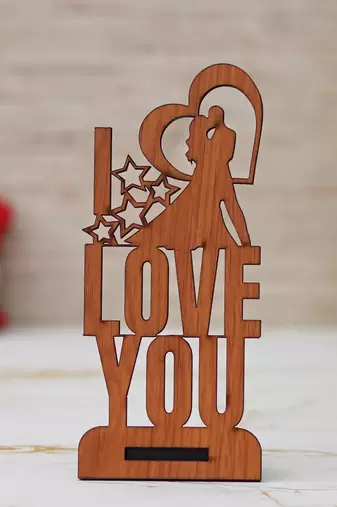 One "love you" valentine wooden showpiece with stand (brown)