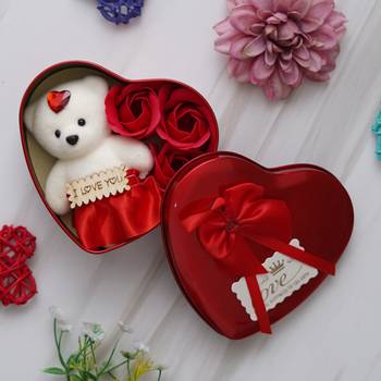 One heart shaped valentine gift box set with white teddy and red flowers 1