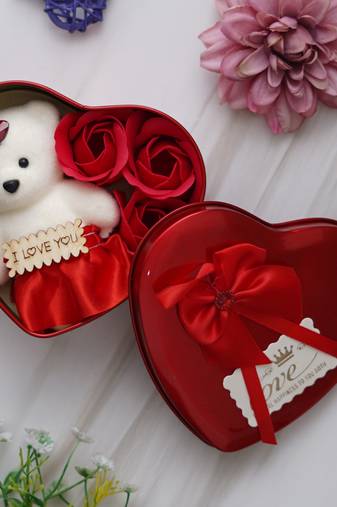 One heart shaped valentine gift box set with white teddy and red flowers