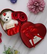 One heart shaped valentine gift box set with white teddy and red flowers