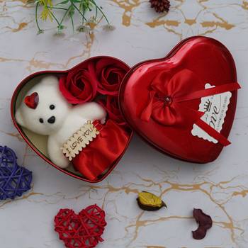 One heart shaped valentine gift box set with white teddy and red flowers 2