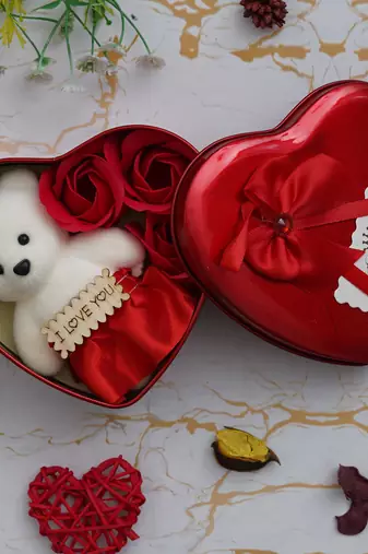 One heart shaped valentine gift box set with white teddy and red flowers