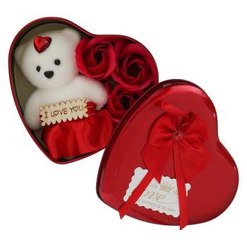 One heart shaped valentine gift box set with white teddy and red flowers 3