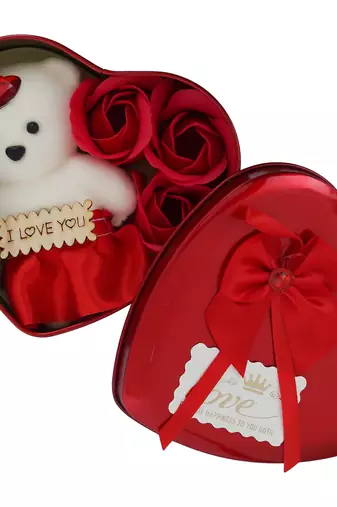 One heart shaped valentine gift box set with white teddy and red flowers