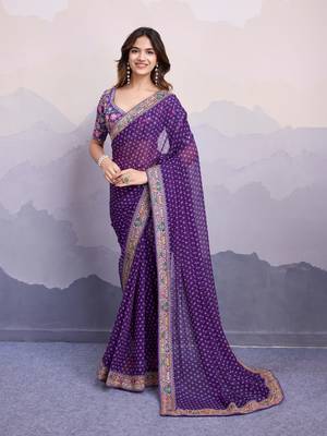 Enchanting Purple Colored Digital Printed with embroidery work Georgette Indian designer saree for weddings 1
