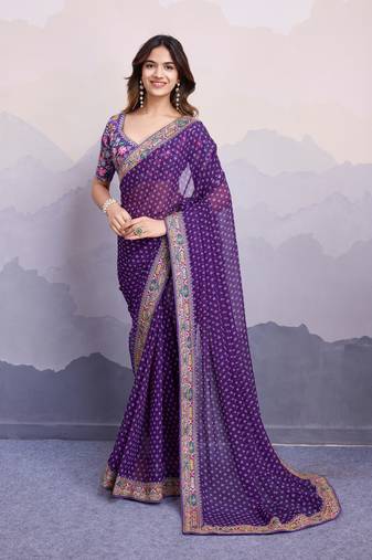 Enchanting Purple Colored Digital Printed with embroidery work Georgette Indian designer saree for weddings