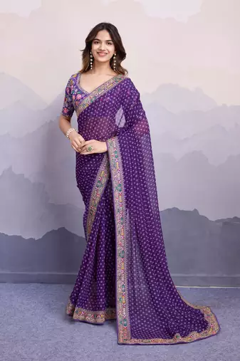 Enchanting Purple Colored Digital Printed with embroidery work Georgette Indian designer saree for weddings
