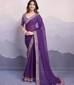 Enchanting Purple Colored Digital Printed with embroidery work Georgette Indian designer saree for weddings