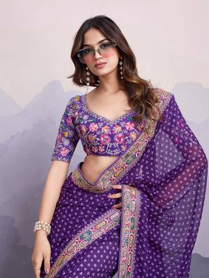 Enchanting Purple Colored Digital Printed with embroidery work Georgette Indian designer saree for weddings 2