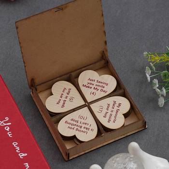 One "20 reasons why i love you" printed on little hearts valentine brown wooden gift set 2