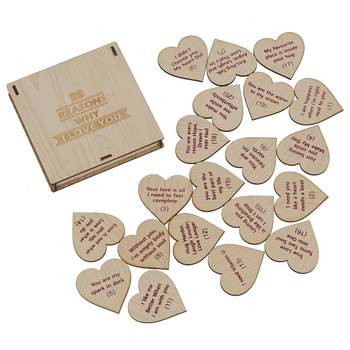 One "20 reasons why i love you" printed on little hearts valentine brown wooden gift set 3