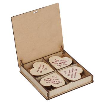 One "20 reasons why i love you" printed on little hearts valentine brown wooden gift set 4