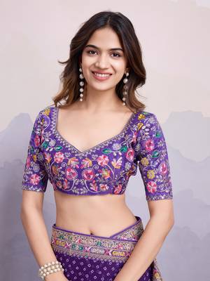 Enchanting Purple Colored Digital Printed with embroidery work Georgette Indian designer saree for weddings 3