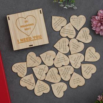 One "20 reasons why i need you" printed on little hearts valentine brown wooden gift set 1