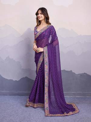 Enchanting Purple Colored Digital Printed with embroidery work Georgette Indian designer saree for weddings 4