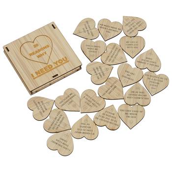 One "20 reasons why i need you" printed on little hearts valentine brown wooden gift set 3