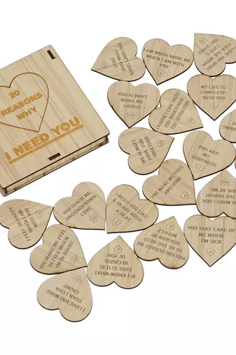 One "20 reasons why i need you" printed on little hearts valentine brown wooden gift set