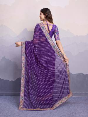 Enchanting Purple Colored Digital Printed with embroidery work Georgette Indian designer saree for weddings 5