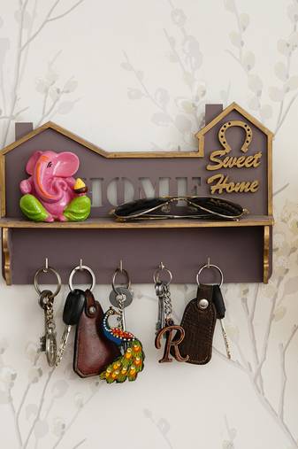 One "sweet home" multiutility 5 hooks wooden keyholder with shelf