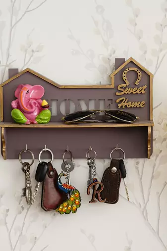 One "sweet home" multiutility 5 hooks wooden keyholder with shelf